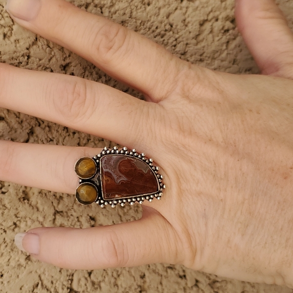 New Lake Superior Agate & Tiger Eye 925 Silver Ring. - Picture 11 of 13
